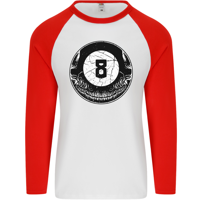 8-Ball Skull Pool Player 9-Ball Mens L/S Baseball T-Shirt White/Red