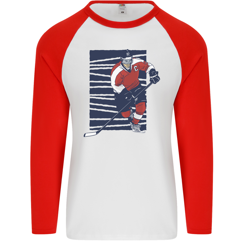 An Ice Hockey Player Mens L/S Baseball T-Shirt White/Red