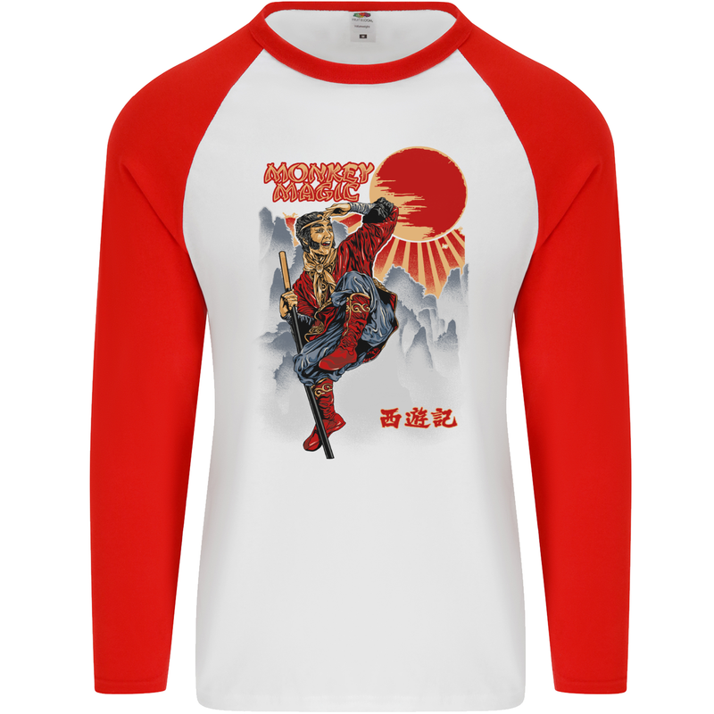 Monkey Magic Retro 70s Martial Arts TV Mens L/S Baseball T-Shirt White/Red