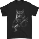 Rock Cat with an Electric Guitar Mens T-Shirt 100% Cotton Black