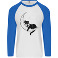 A Cat Reading a Book on the Moon Mens L/S Baseball T-Shirt White/Royal Blue