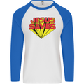 Jesus Saves Funny Christian Mens L/S Baseball T-Shirt White/Royal Blue
