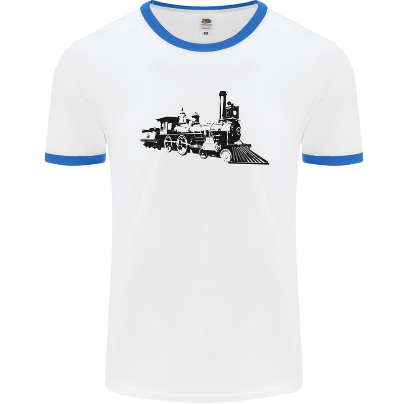 Trains Locomotive Steam Engine Trainspotting Mens Ringer T-Shirt White/Royal Blue