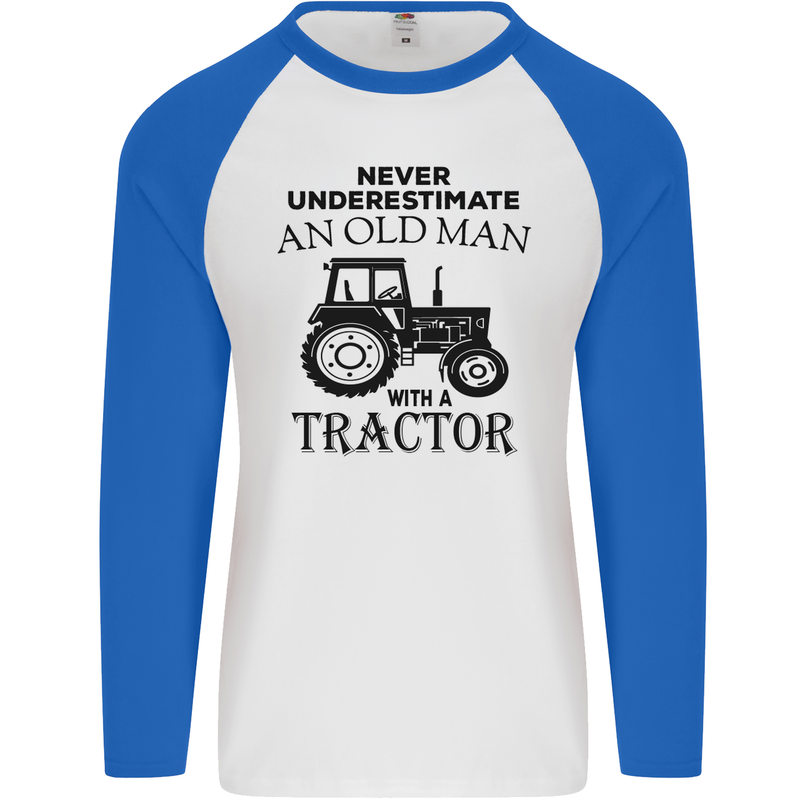 Old Man With a Tractor Driver Farmer Farm Mens L/S Baseball T-Shirt White/Royal Blue