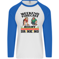 Weekend Forecast Rugby Funny Beer Alcohol Mens L/S Baseball T-Shirt White/Royal Blue