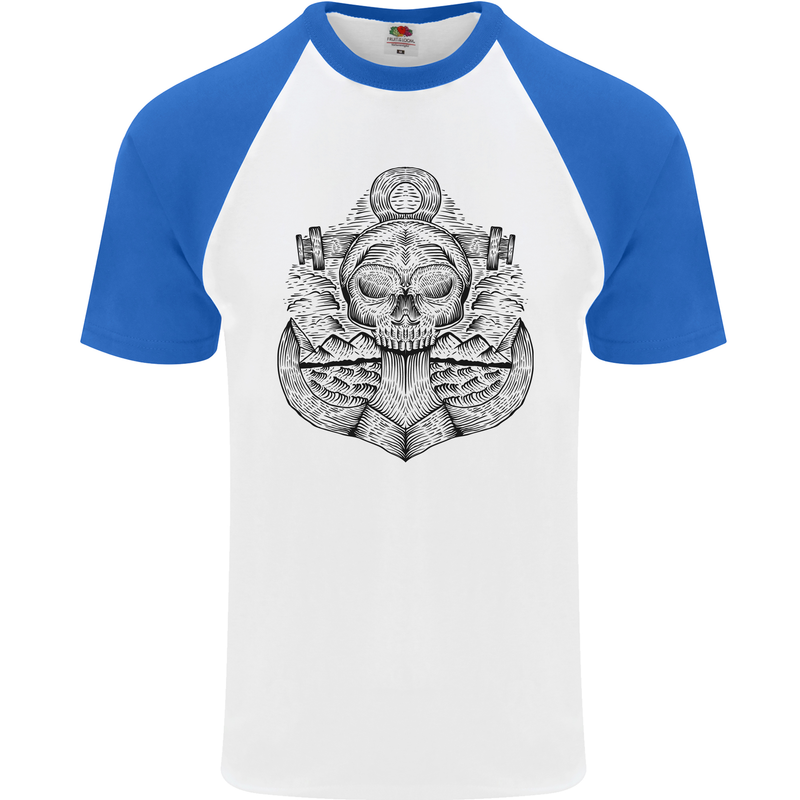 Anchor Skull Sailor Sailing Captain Pirate Ship Mens S/S Baseball T-Shirt White/Royal Blue
