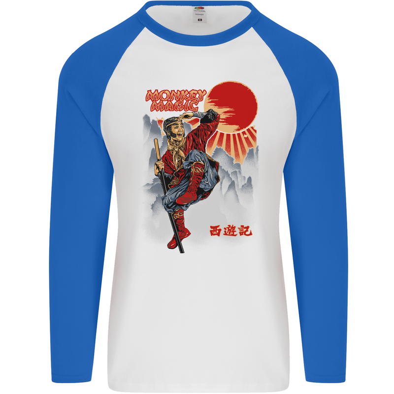 Monkey Magic Retro 70s Martial Arts TV Mens L/S Baseball T-Shirt White/Royal Blue