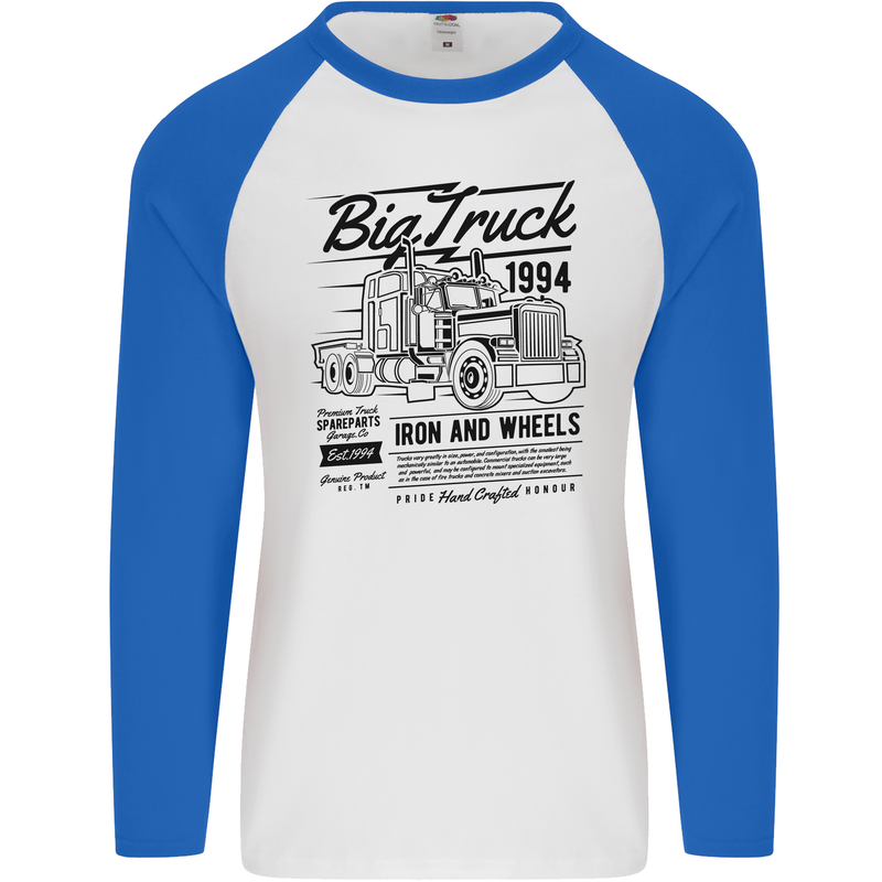 HGV Driver Big Truck Lorry Mens L/S Baseball T-Shirt White/Royal Blue