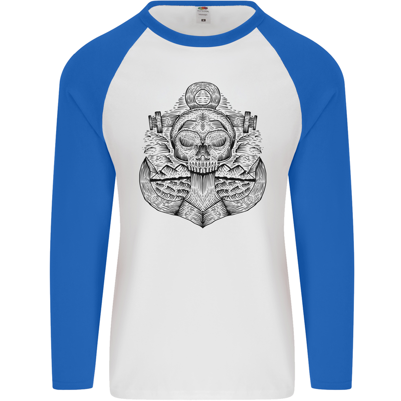 Anchor Skull Sailor Sailing Captain Pirate Ship Mens L/S Baseball T-Shirt White/Royal Blue