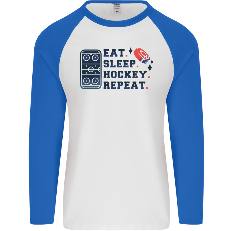 Eat Sleep Hockey Repeat Ice Street Mens L/S Baseball T-Shirt White/Royal Blue
