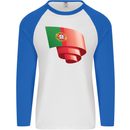 Curled Portugal Flag Portugese Day Football Mens L/S Baseball T-Shirt White/Royal Blue