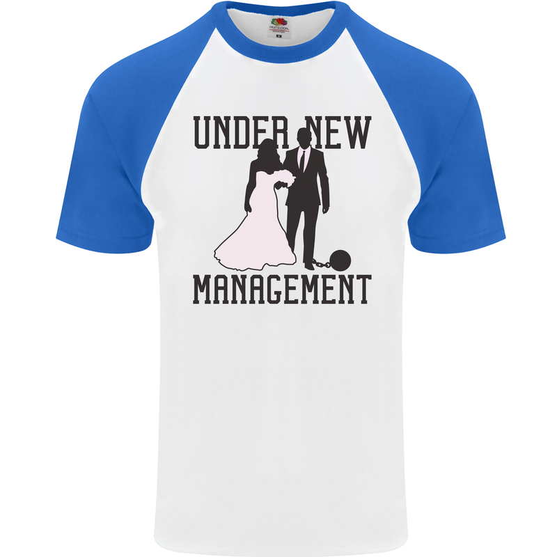Just Married Under New Management Mens S/S Baseball T-Shirt White/Royal Blue