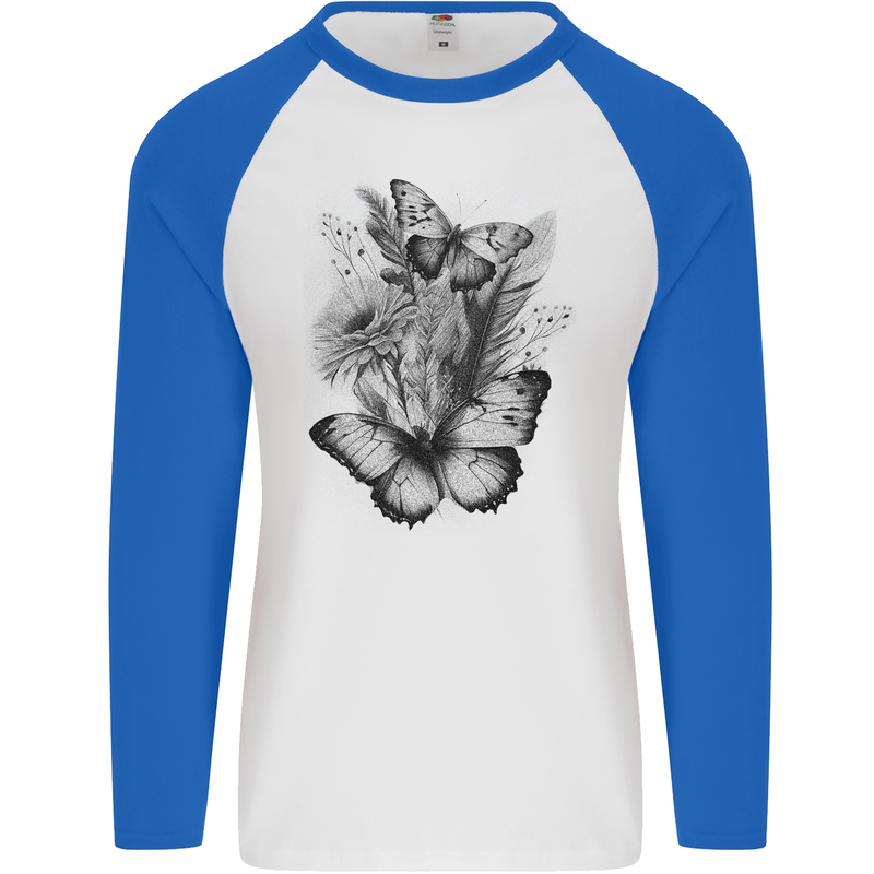 Butterflies & Flowers in the Wild Nature Mens L/S Baseball T-Shirt White/Royal Blue