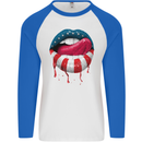 Sexy USA Flag Lips America July 4th Mens L/S Baseball T-Shirt White/Royal Blue