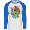 Christmas Papasaurus T-Rex Dinosaur Mens L/S Baseball T-Shirt White/Royal Blue