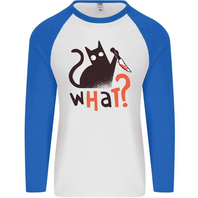 What? Funny Murderous Black Cat Halloween Mens L/S Baseball T-Shirt White/Royal Blue