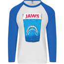 Jaws Funny Parody Dentures Skull Teeth Mens L/S Baseball T-Shirt White/Royal Blue