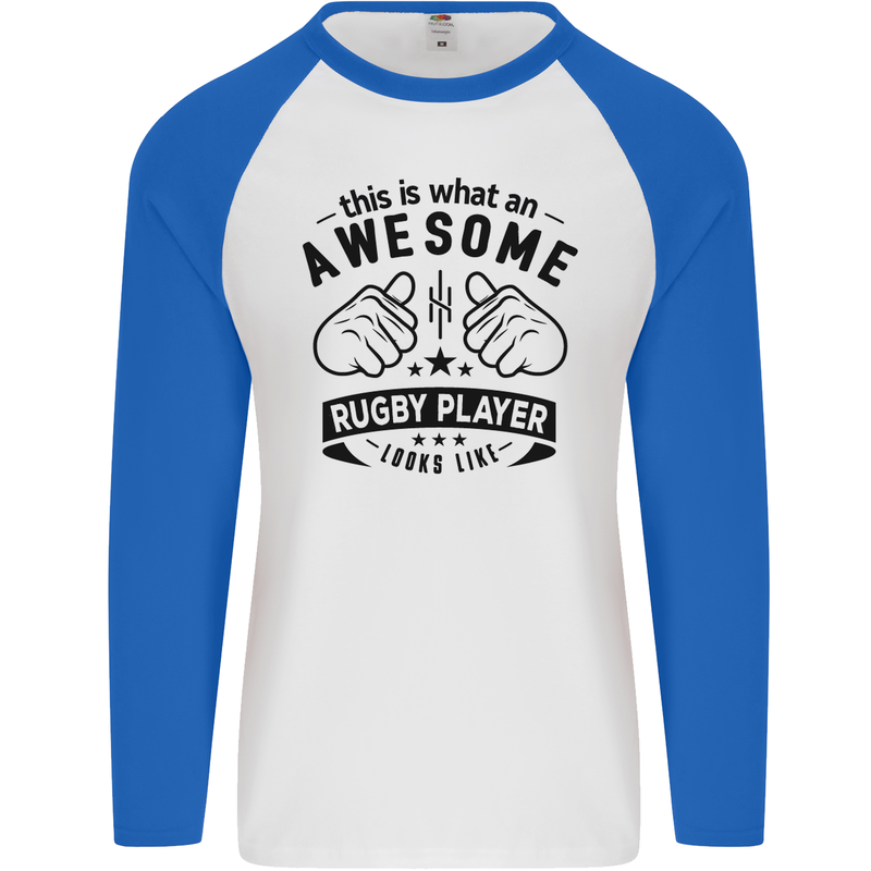 An Awesome Rugby Player Looks Like Union Mens L/S Baseball T-Shirt White/Royal Blue
