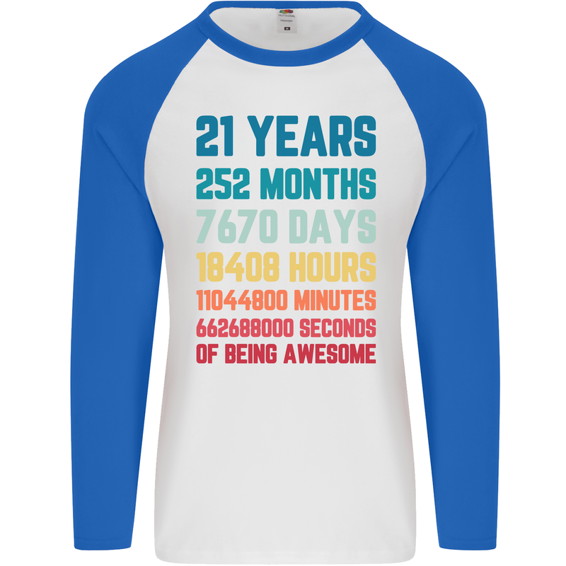 21st Birthday 21 Year Old Mens L/S Baseball T-Shirt White/Royal Blue