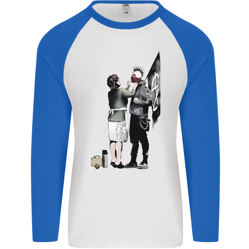Anarchy Banksy Punk Mum Mens L/S Baseball T-Shirt White/Royal Blue