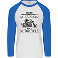 Old Man With a Motorcycle Biker Motorcycle Mens L/S Baseball T-Shirt White/Royal Blue