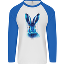 Rabbit Watercolour Mens L/S Baseball T-Shirt White/Royal Blue