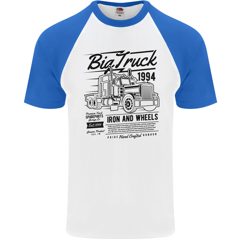 HGV Driver Big Truck Lorry Mens S/S Baseball T-Shirt White/Royal Blue