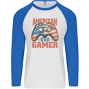 American USA Gamer Video Games Joypad Mens L/S Baseball T-Shirt White/Royal Blue