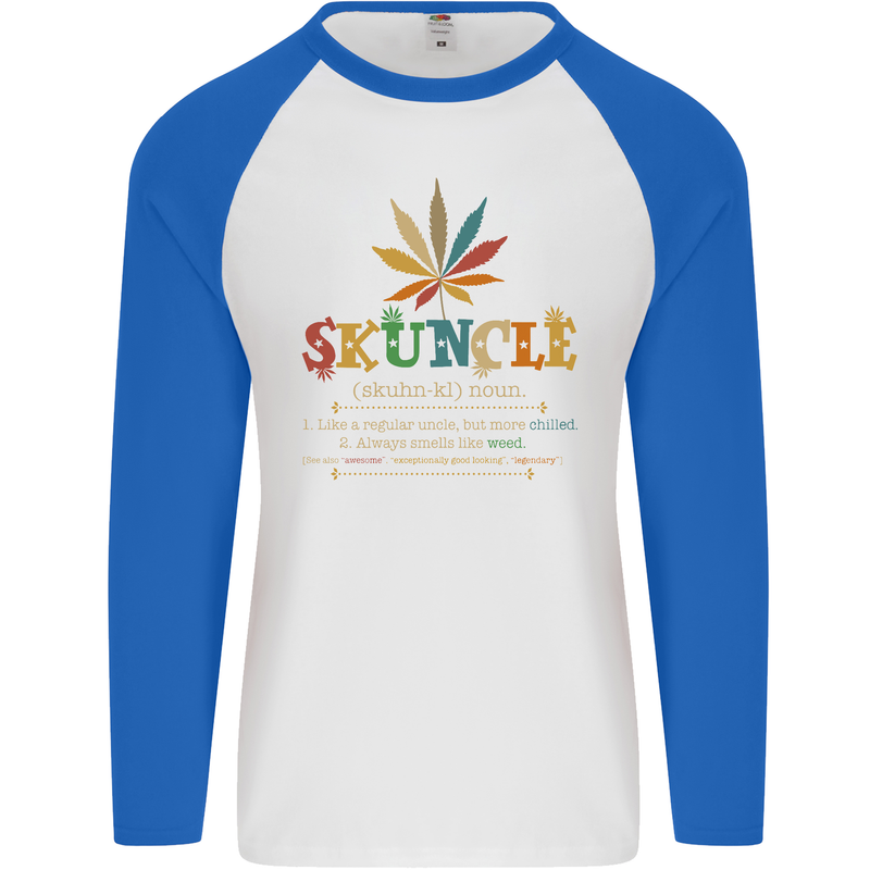 Skuncle Uncle That Smokes Weed Funny Drugs Mens L/S Baseball T-Shirt White/Royal Blue