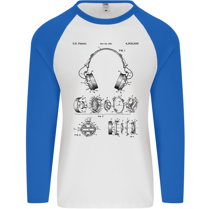 Headphones Patent Blueprint Dance Music DJ Mens L/S Baseball T-Shirt White/Royal Blue