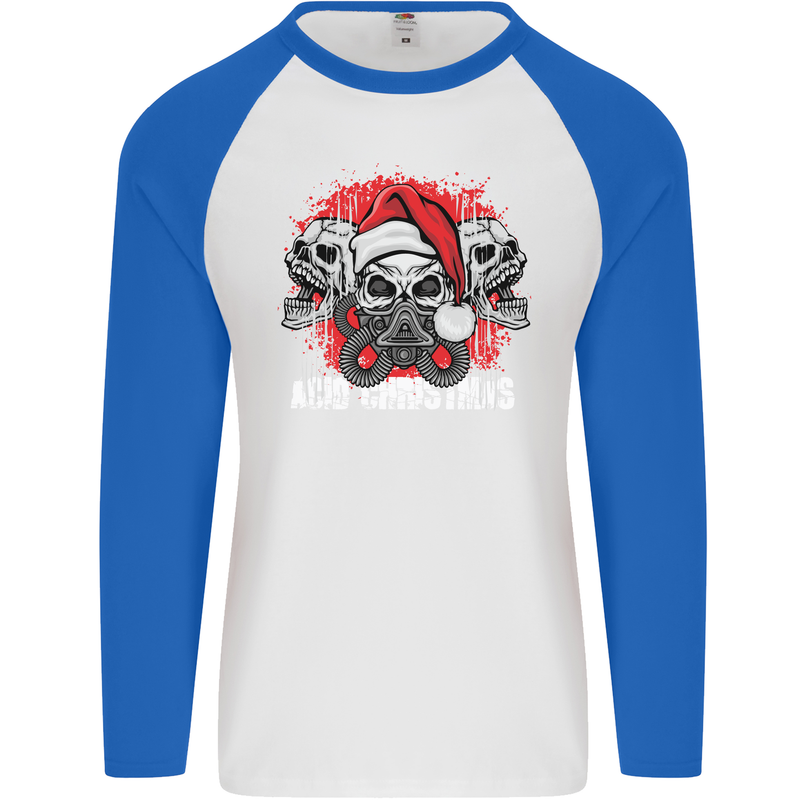 Acid Christmas Skulls Mens L/S Baseball T-Shirt White/Royal Blue