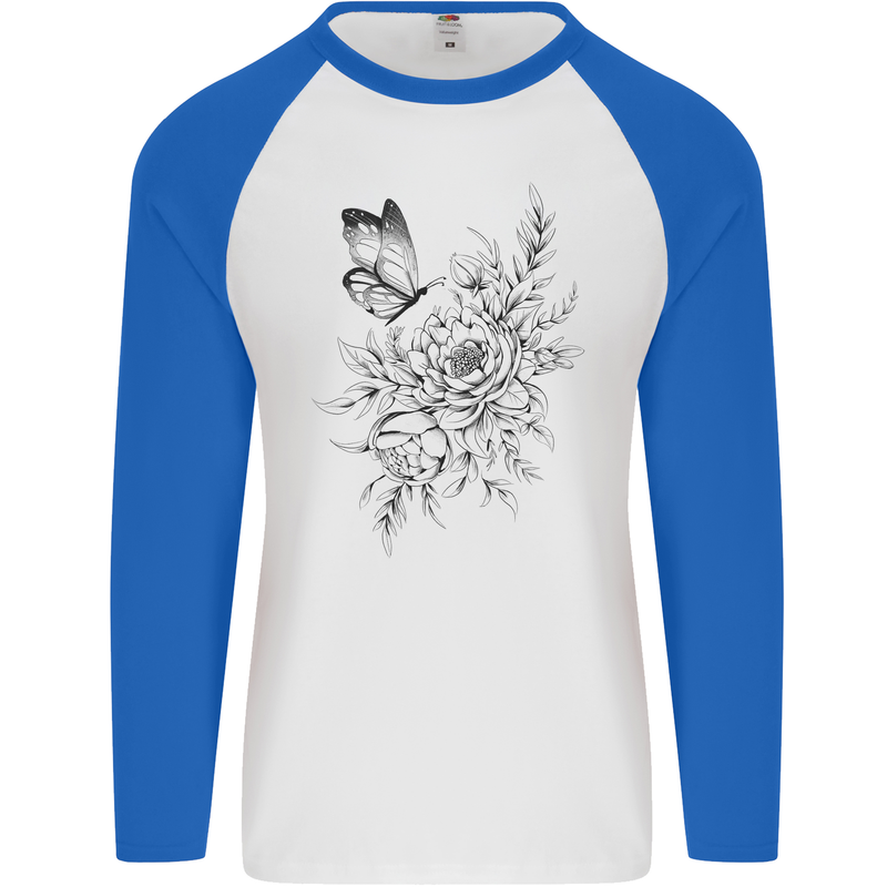 Butterfly & Flowers Mens L/S Baseball T-Shirt White/Royal Blue