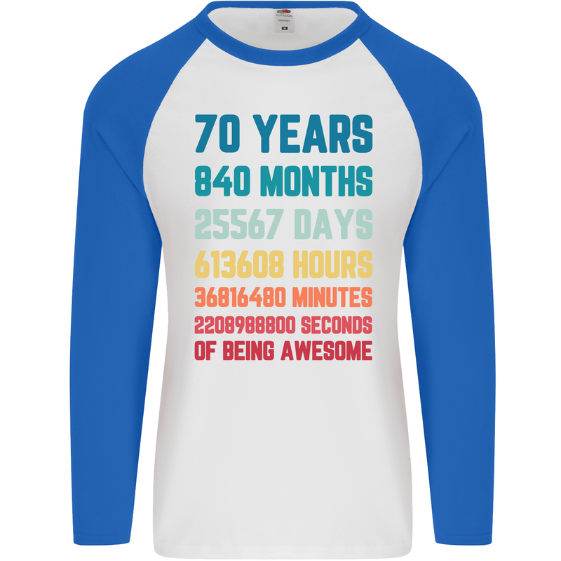70th Birthday 70 Year Old Mens L/S Baseball T-Shirt White/Royal Blue