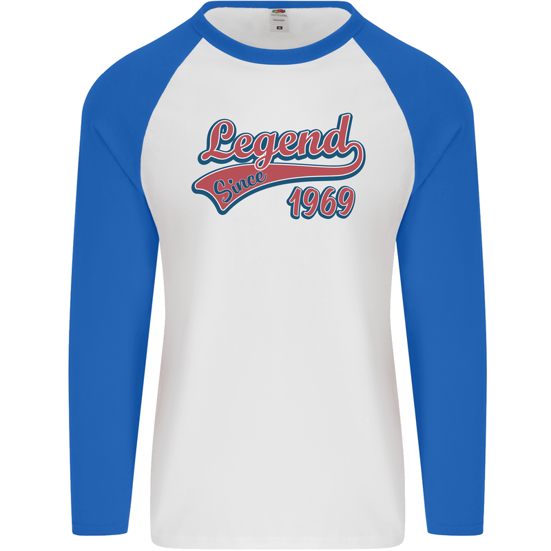 Legend Since 54th Birthday 1969 Mens L/S Baseball T-Shirt White/Royal Blue