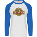 Jurassic Pug Funny Dog Movie Parody Mens L/S Baseball T-Shirt White/Royal Blue