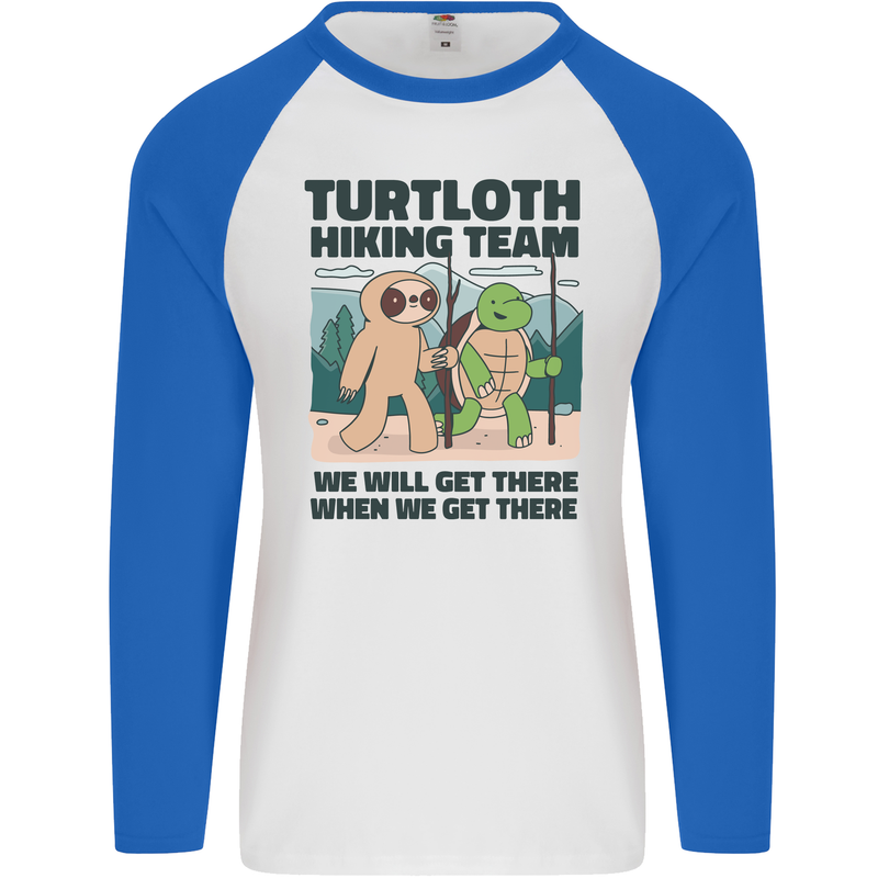 Turtloth Hiking Team Hiking Turtle Sloth Mens L/S Baseball T-Shirt White/Royal Blue
