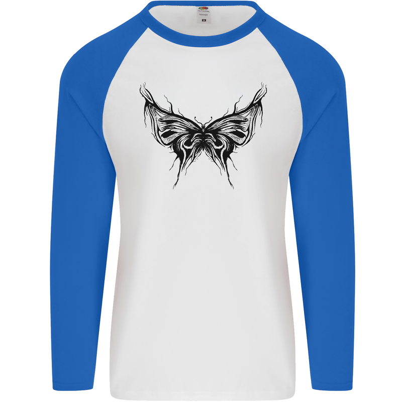 Abstract Butterfly Mens L/S Baseball T-Shirt White/Royal Blue