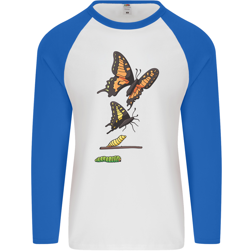 Butterfly Evolution Caterpillar Butterflies Mens L/S Baseball T-Shirt White/Royal Blue