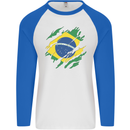 Torn Brazil Flag Brazilian Day Football Mens L/S Baseball T-Shirt White/Royal Blue