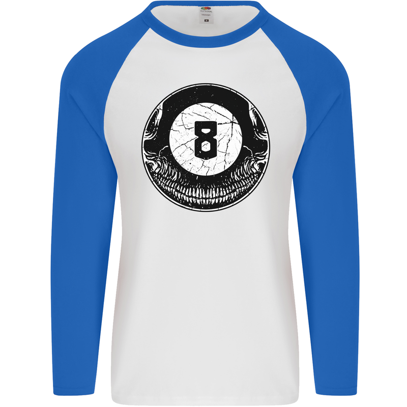 8-Ball Skull Pool Player 9-Ball Mens L/S Baseball T-Shirt White/Royal Blue