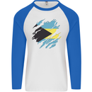 Torn Bahamas Flag Bahamians Day Football Mens L/S Baseball T-Shirt White/Royal Blue