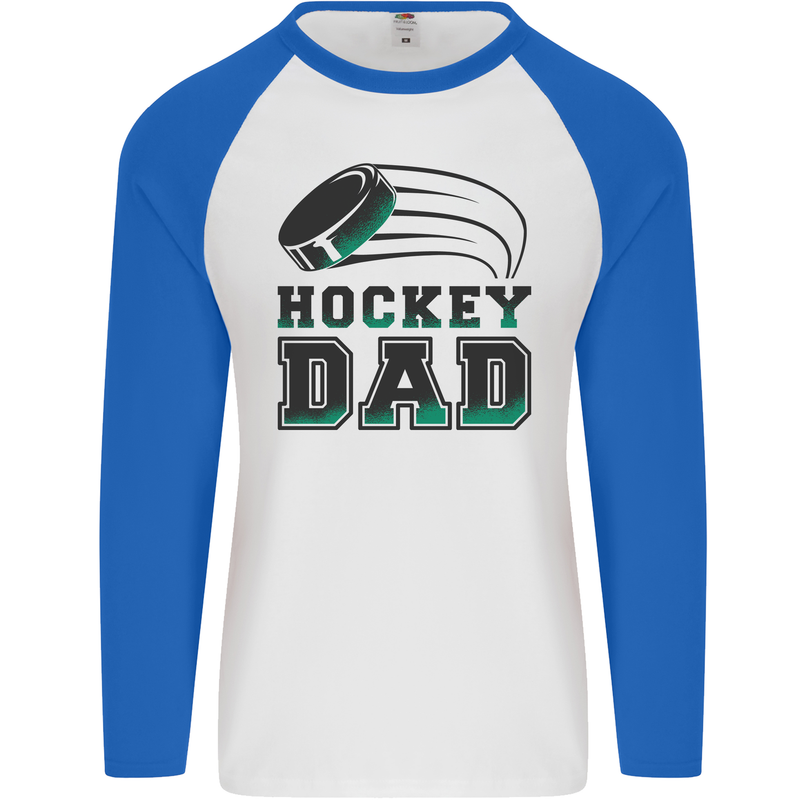 Ice Hockey Dad Fathers Day Mens L/S Baseball T-Shirt White/Royal Blue