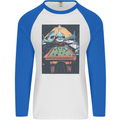 Pool Shark Snooker Player Mens L/S Baseball T-Shirt White/Royal Blue