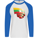 Curled Myanmar Flag Burmese Day Football Mens L/S Baseball T-Shirt White/Royal Blue