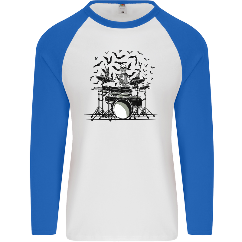 Skeleton Drummer Drumming Drum Skull Funny Mens L/S Baseball T-Shirt White/Royal Blue