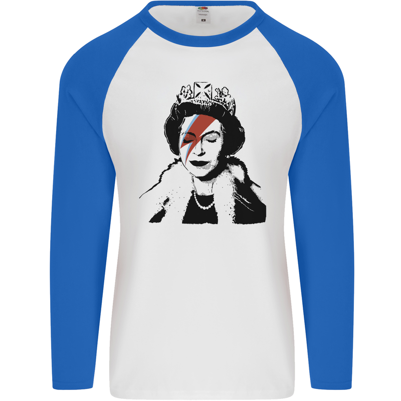 Banksy The Queen with a Bowie Look Mens L/S Baseball T-Shirt White/Royal Blue