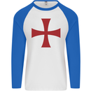 Knights Templar Cross Fancy Dress Outfit Mens L/S Baseball T-Shirt White/Royal Blue