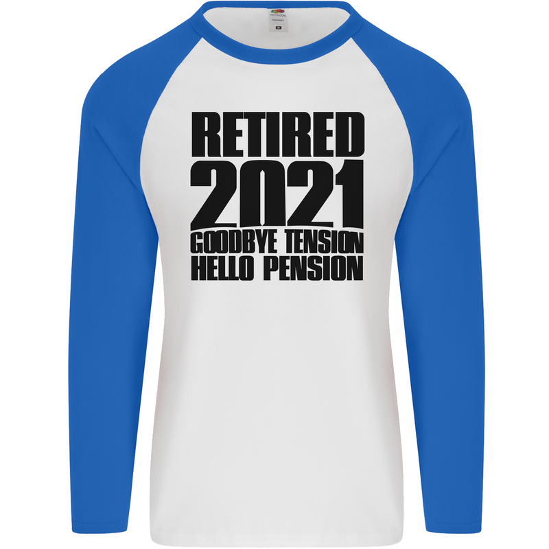 Goodbye Tension Retirement 2021 Retired Mens L/S Baseball T-Shirt White/Royal Blue
