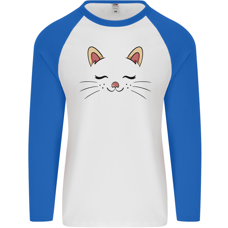 Cute Cat Face Mens L/S Baseball T-Shirt White/Royal Blue