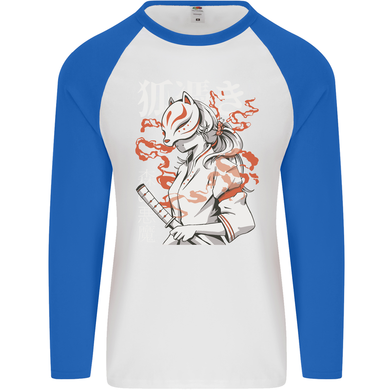 Japanese Kitsune Paranormal Fox Mens L/S Baseball T-Shirt White/Royal Blue